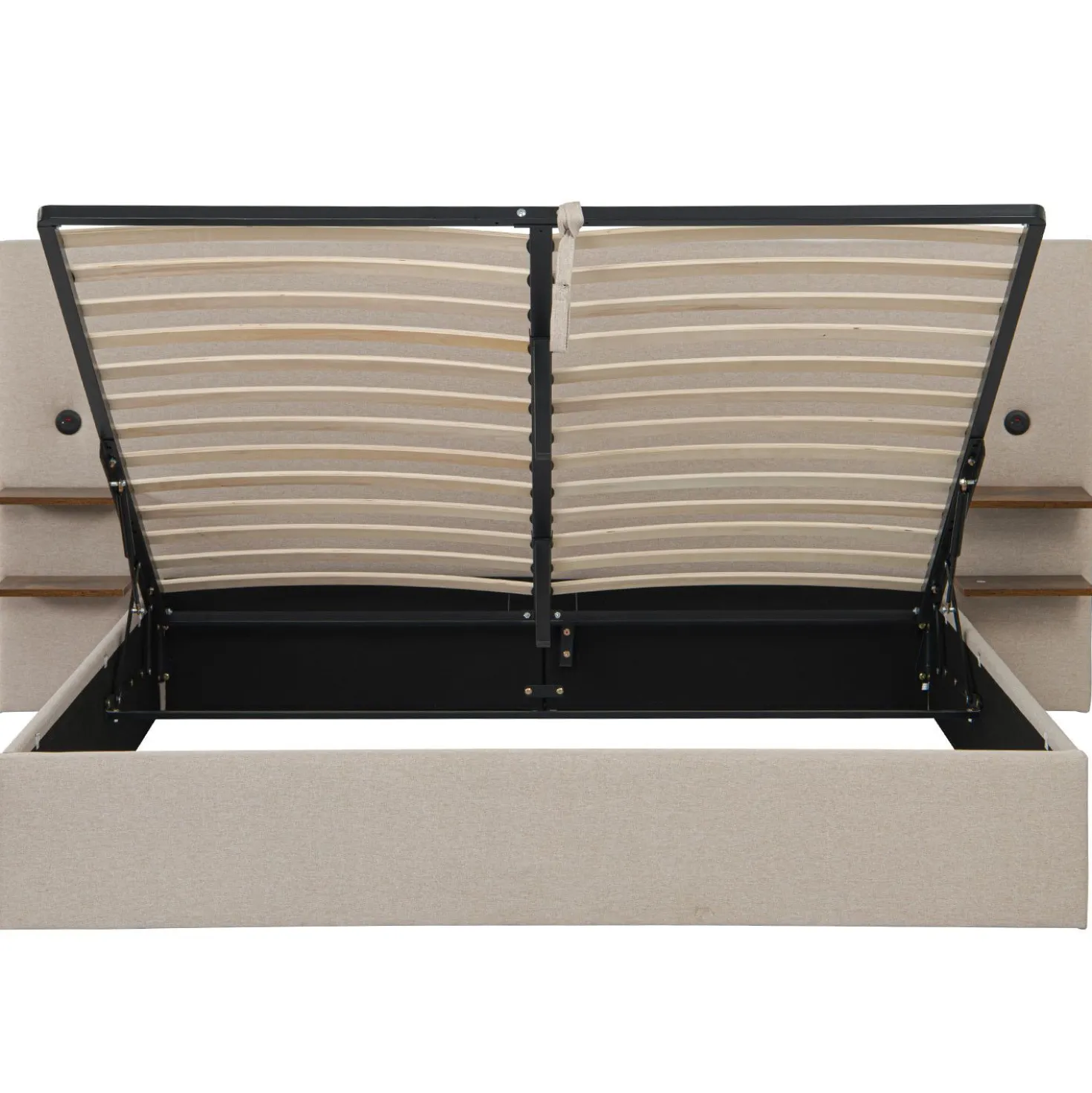 Lit-coffre complet avec tablettes et ports USB intégrés Lukas 180x200cm Tissu Taupe clair