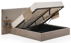 Lit-coffre complet avec tablettes et ports USB intégrés Lukas 140x190cm Tissu Taupe clair