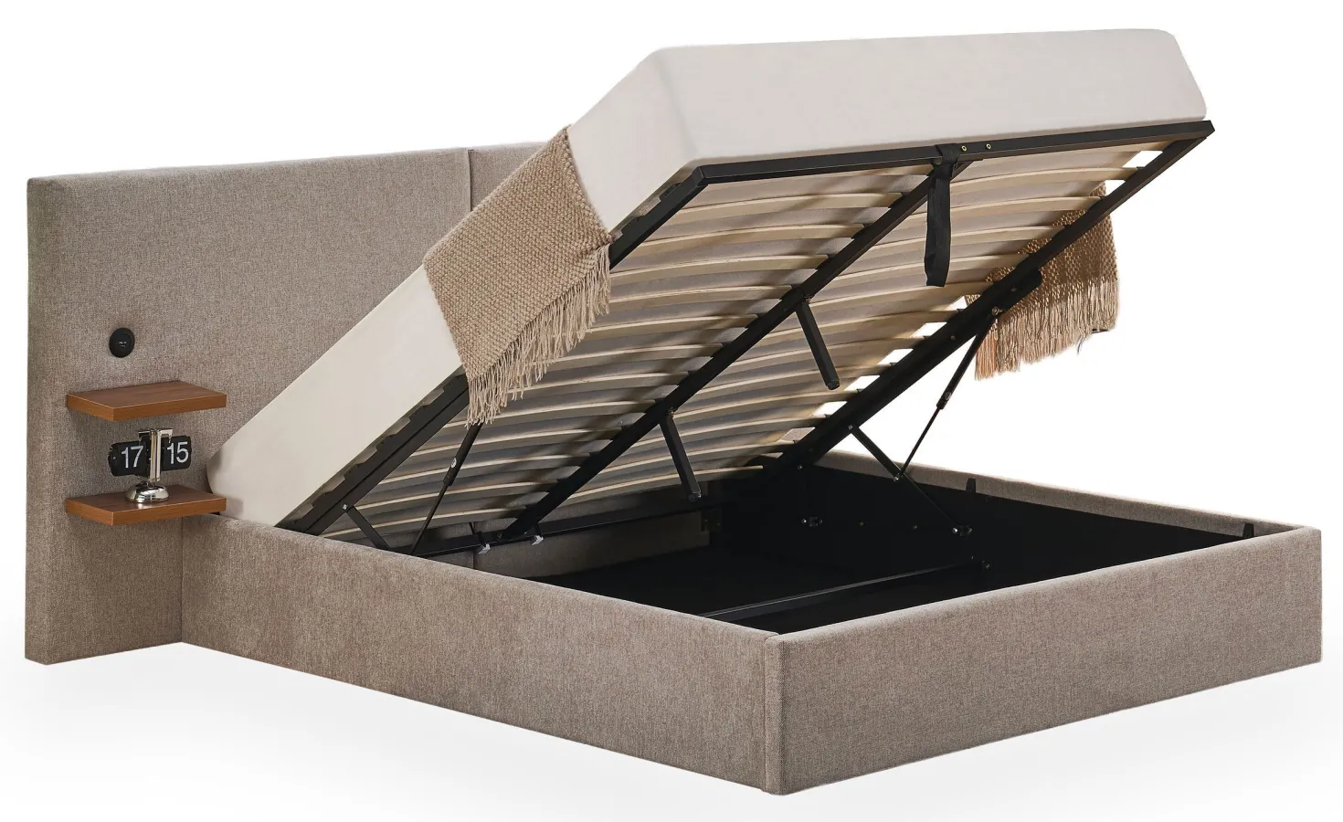 Lit-coffre complet avec tablettes et ports USB intégrés Lukas 140x190cm Tissu Taupe clair
