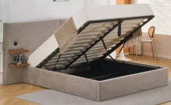 Lit-coffre complet avec tablettes et ports USB intégrés Lukas 140x190cm Tissu Taupe clair