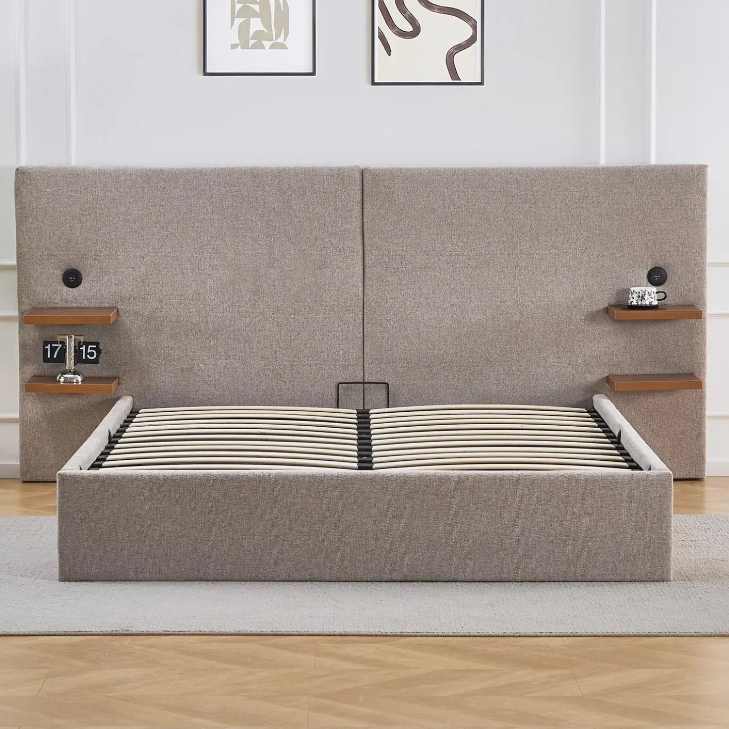 Lit-coffre complet avec tablettes et ports USB intégrés Lukas 140x190cm Tissu Taupe clair