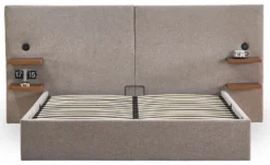Lit-coffre complet avec tablettes et ports USB intégrés Lukas 140x190cm Tissu Taupe clair