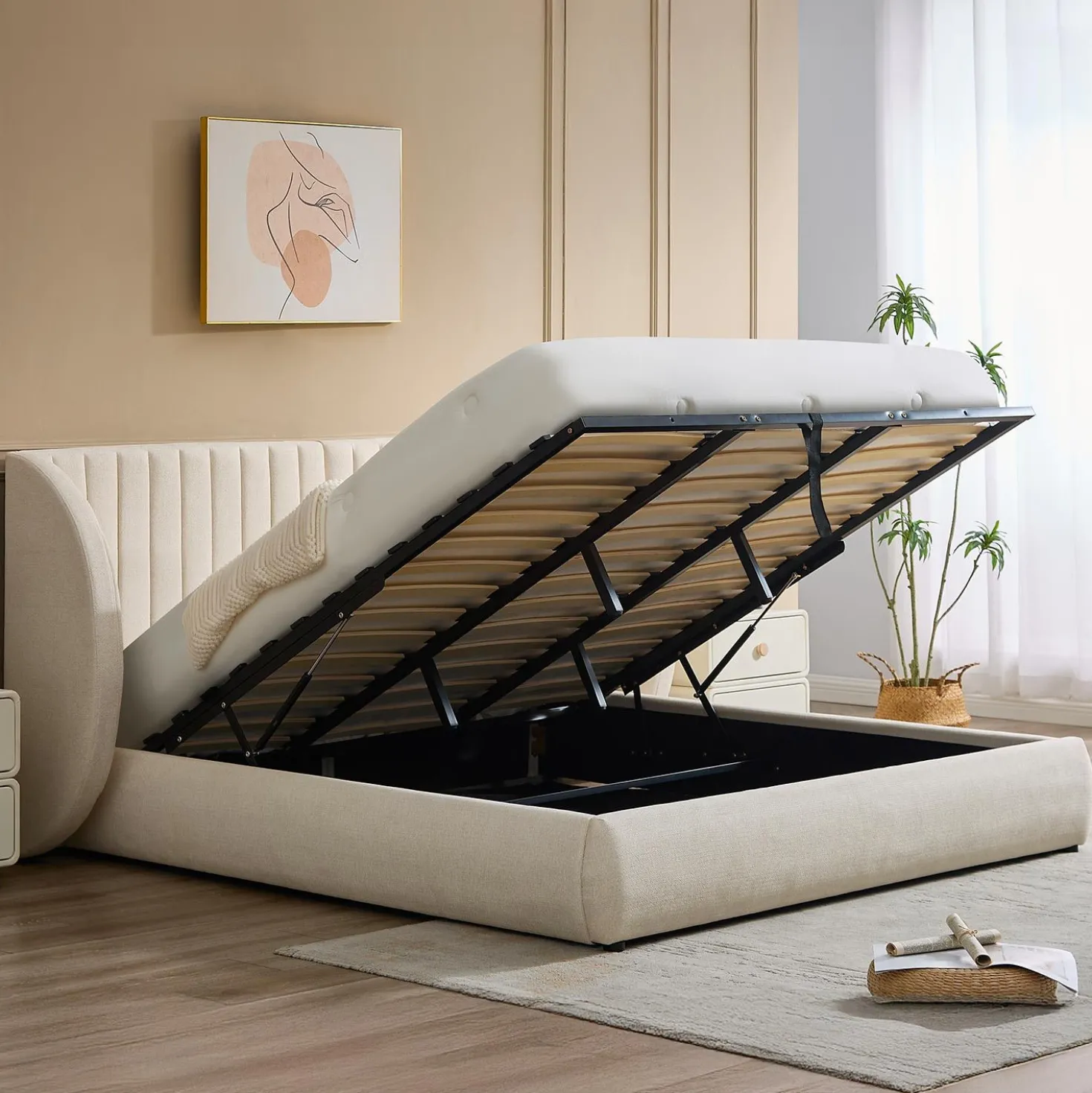 Lit-coffre complet avec tête de lit modulable Cocon 180x200cm Tissu Beige