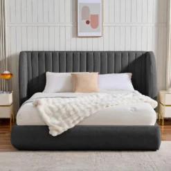 Lit-coffre complet avec tête de lit modulable Cocon 160x200cm Tissu Gris foncé