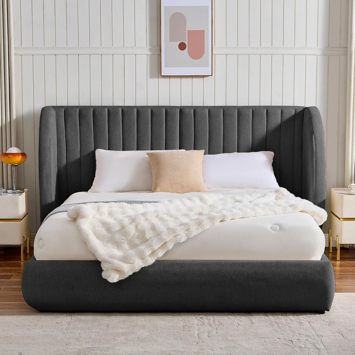 Lit-coffre complet avec tête de lit modulable Cocon 160x200cm Tissu Gris foncé