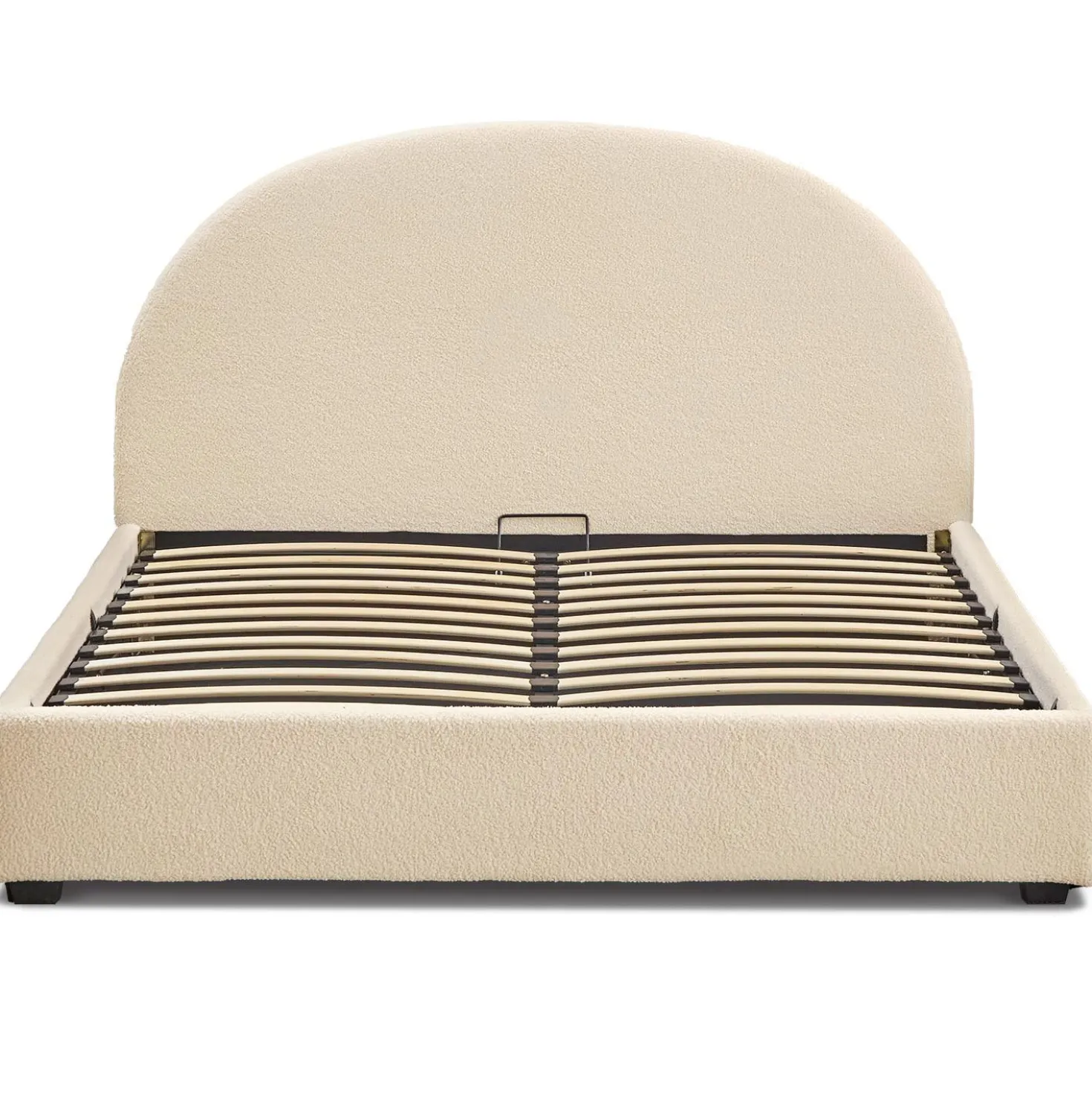 Lit-coffre complet avec tête de lit arrondie Bowiz 140x190cm Tissu bouclette Beige