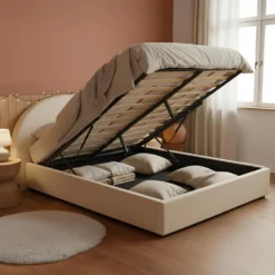 Lit-coffre complet avec tête de lit arrondie Bowiz 140x190cm Tissu bouclette Beige