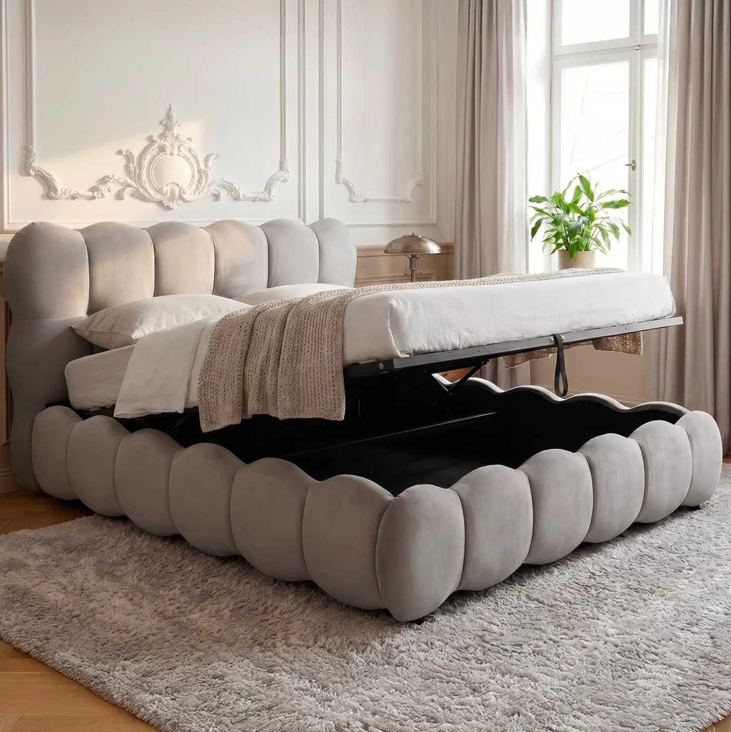 Lit-coffre design boule Bilbola avec sommier relevable 160x200cm Velours Gris