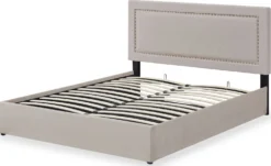 Lit coffre Sandiego avec sommier relevable 160x200cm et tête de lit cloutée Velours Taupe