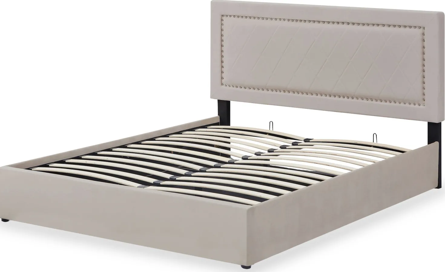 Lit coffre Sandiego avec sommier relevable 160x200cm et tête de lit cloutée Velours Taupe