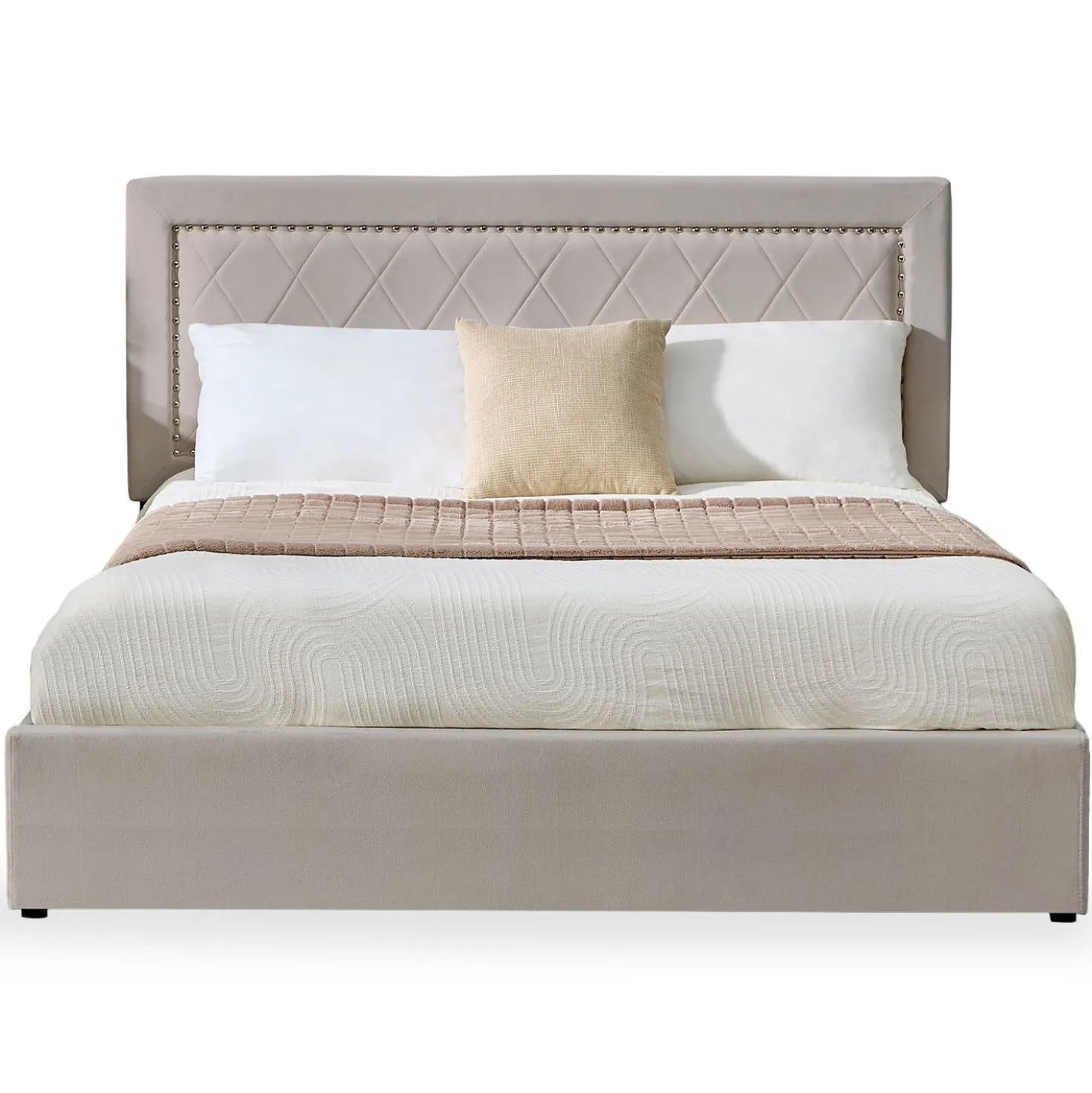 Lit coffre Sandiego avec sommier relevable 160x200cm et tête de lit cloutée Velours Taupe