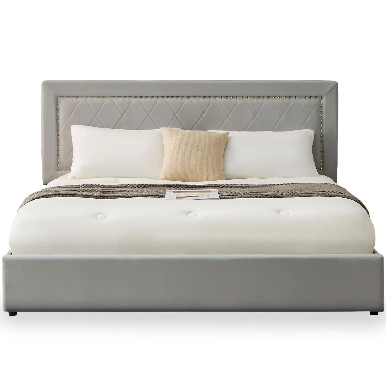 Lit coffre Sandiego avec sommier relevable 180x200cm et tête de lit cloutée Velours Gris clair