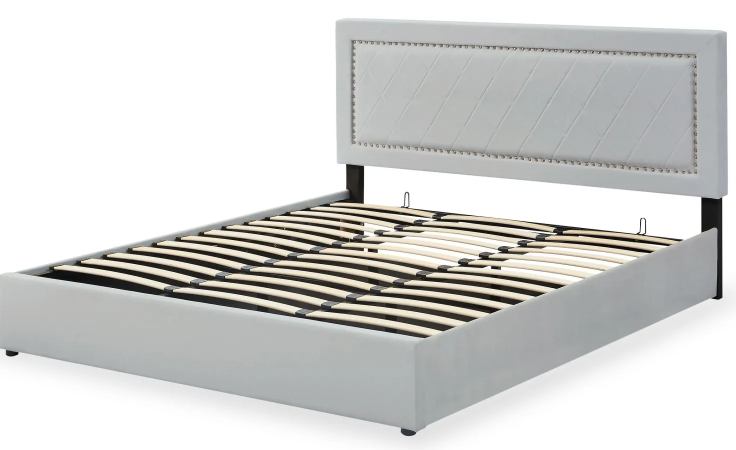 Lit coffre Sandiego avec sommier relevable 180x200cm et tête de lit cloutée Velours Gris clair