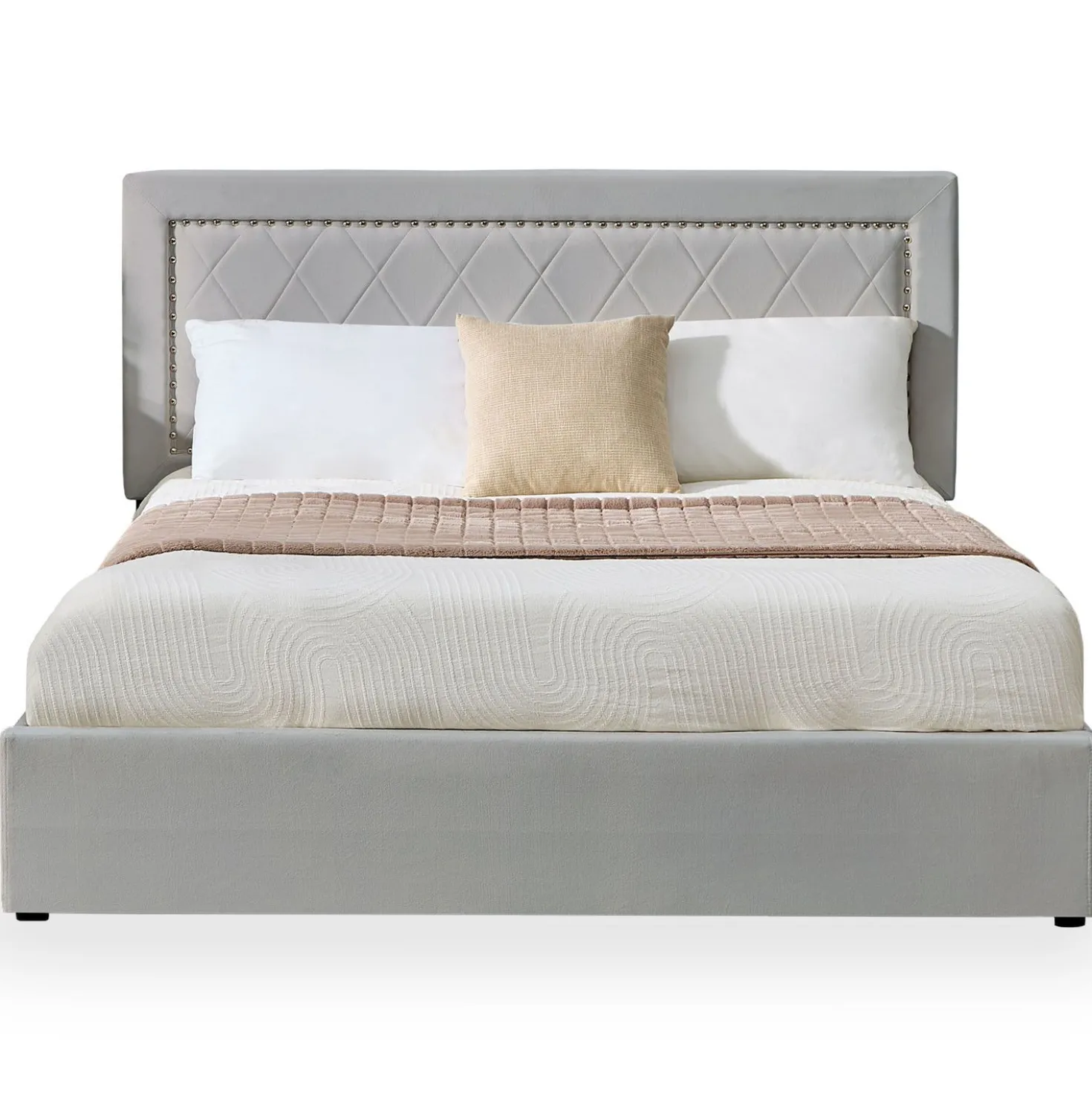 Lit coffre Sandiego avec sommier relevable 160x200cm et tête de lit cloutée Velours Gris clair