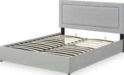 Lit coffre Sandiego avec sommier relevable 160x200cm et tête de lit cloutée Velours Gris clair