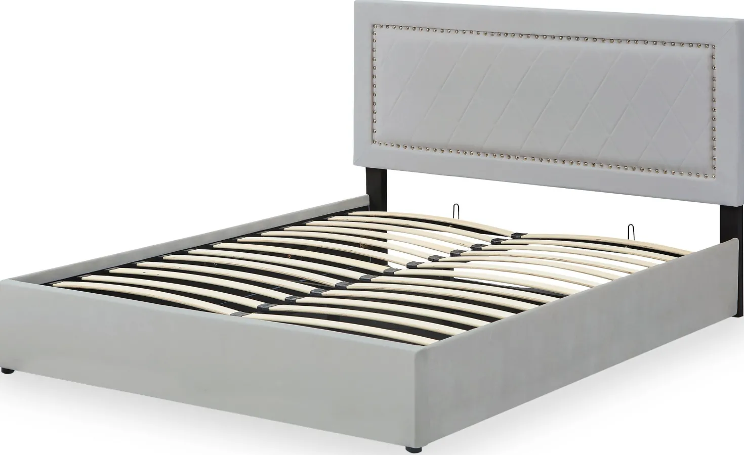 Lit coffre Sandiego avec sommier relevable 160x200cm et tête de lit cloutée Velours Gris clair