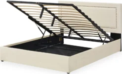 Lit coffre Sandiego avec sommier relevable 160x200cm et tête de lit cloutée Velours Beige clair