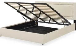 Lit coffre Sandiego avec sommier relevable 180x200cm et tête de lit cloutée Velours Beige clair