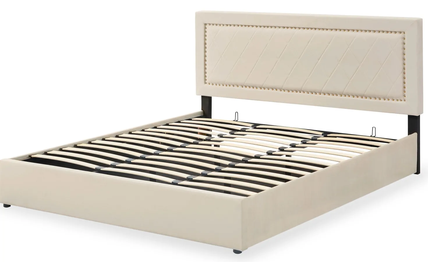 Lit coffre Sandiego avec sommier relevable 180x200cm et tête de lit cloutée Velours Beige clair