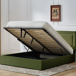 Lit coffre Sandiego avec sommier relevable 160x200cm et tête de lit cloutée Velours Kaki