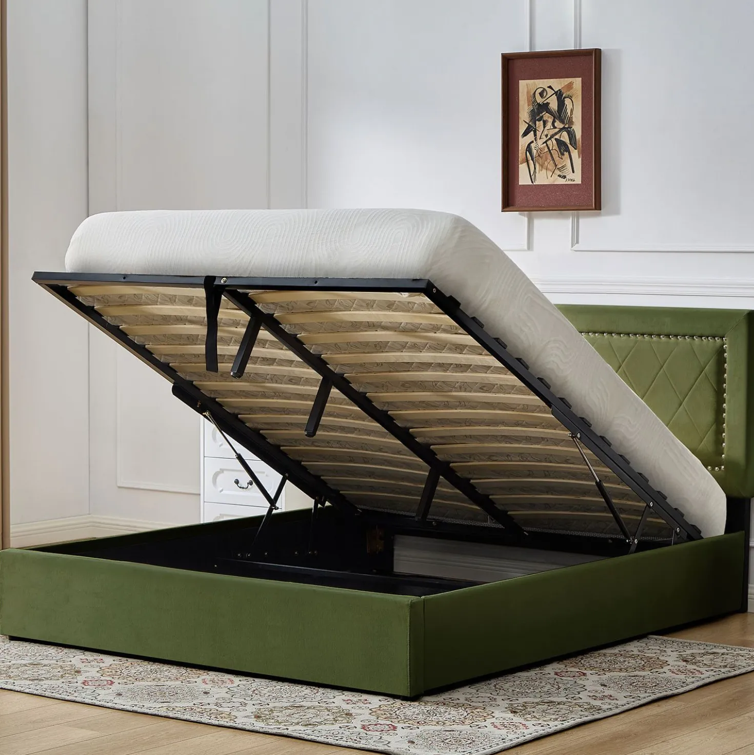 Lit coffre Sandiego avec sommier relevable 160x200cm et tête de lit cloutée Velours Kaki