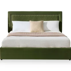Lit coffre Sandiego avec sommier relevable 160x200cm et tête de lit cloutée Velours Kaki