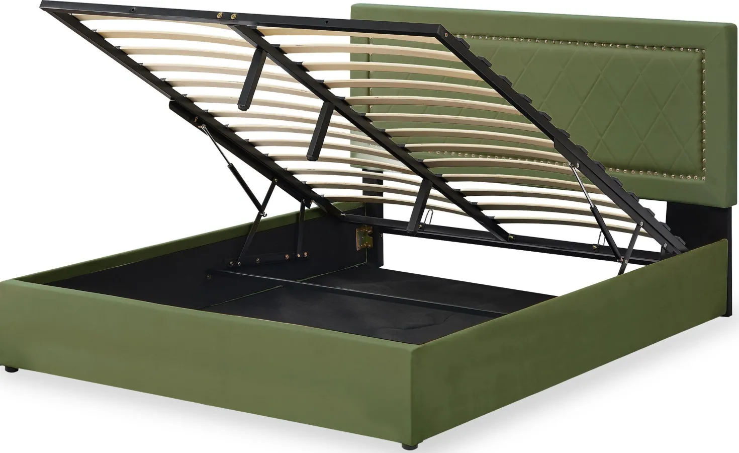 Lit coffre Sandiego avec sommier relevable 160x200cm et tête de lit cloutée Velours Kaki