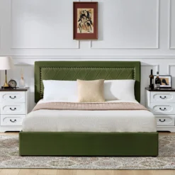 Lit coffre Sandiego avec sommier relevable 160x200cm et tête de lit cloutée Velours Kaki