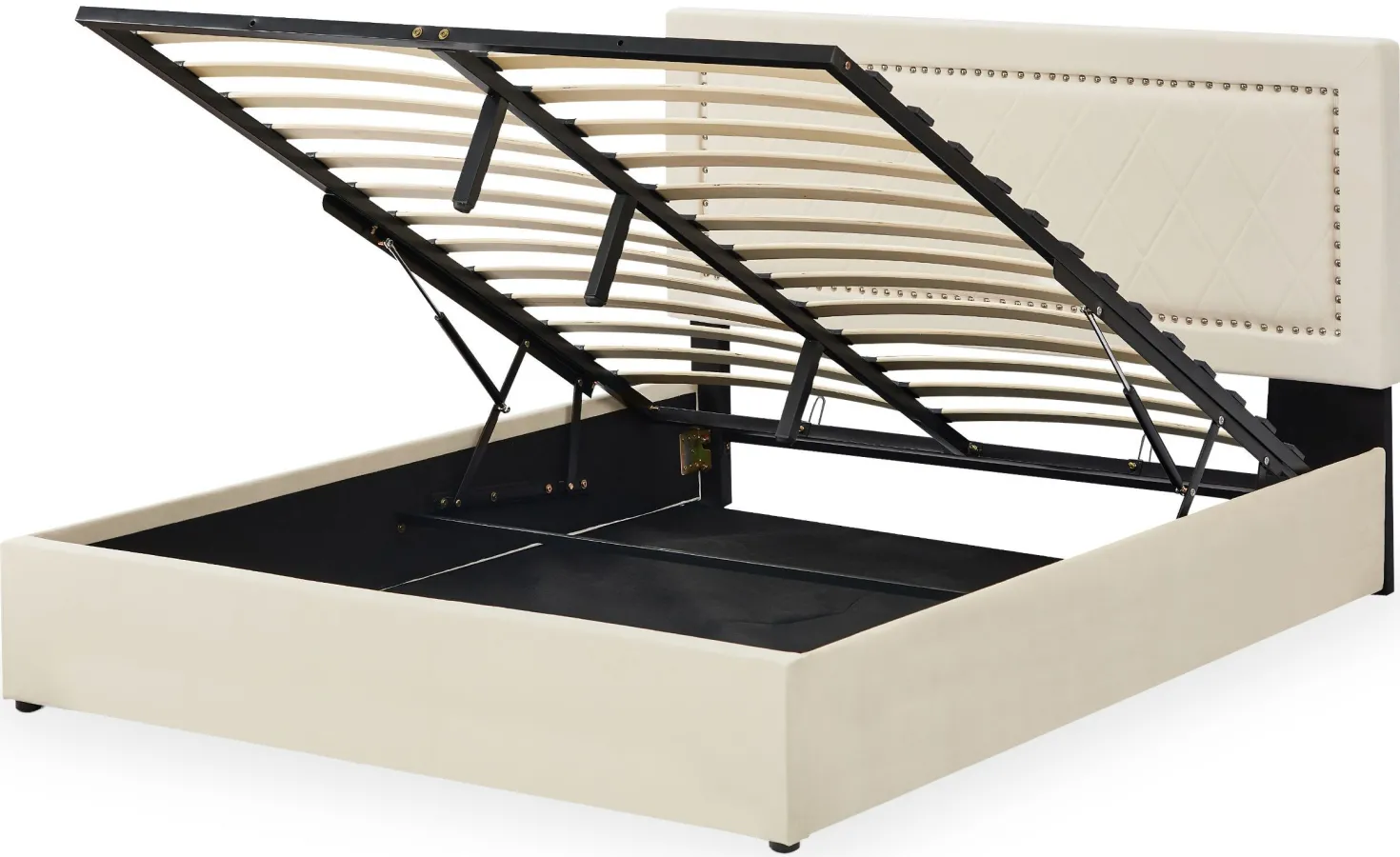 Lit coffre Sandiego avec sommier relevable 140x200cm et tête de lit cloutée Velours Beige
