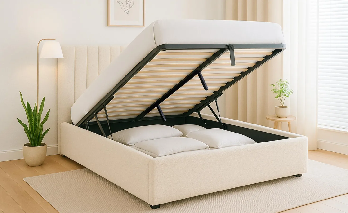 Lit Coffre Songe + Sommier Tissu bouclette Beige 160cm