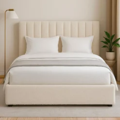 Lit Coffre Songe + Sommier Tissu bouclette Beige 160cm