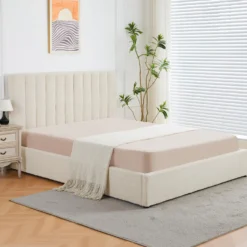Lit Coffre Songe + Sommier Tissu bouclette Beige 160cm