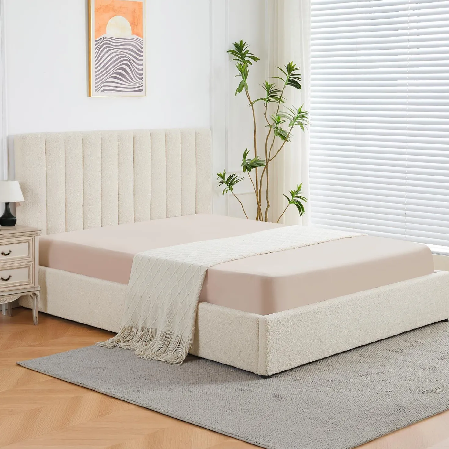 Lit Coffre Songe + Sommier Tissu bouclette Beige 160cm