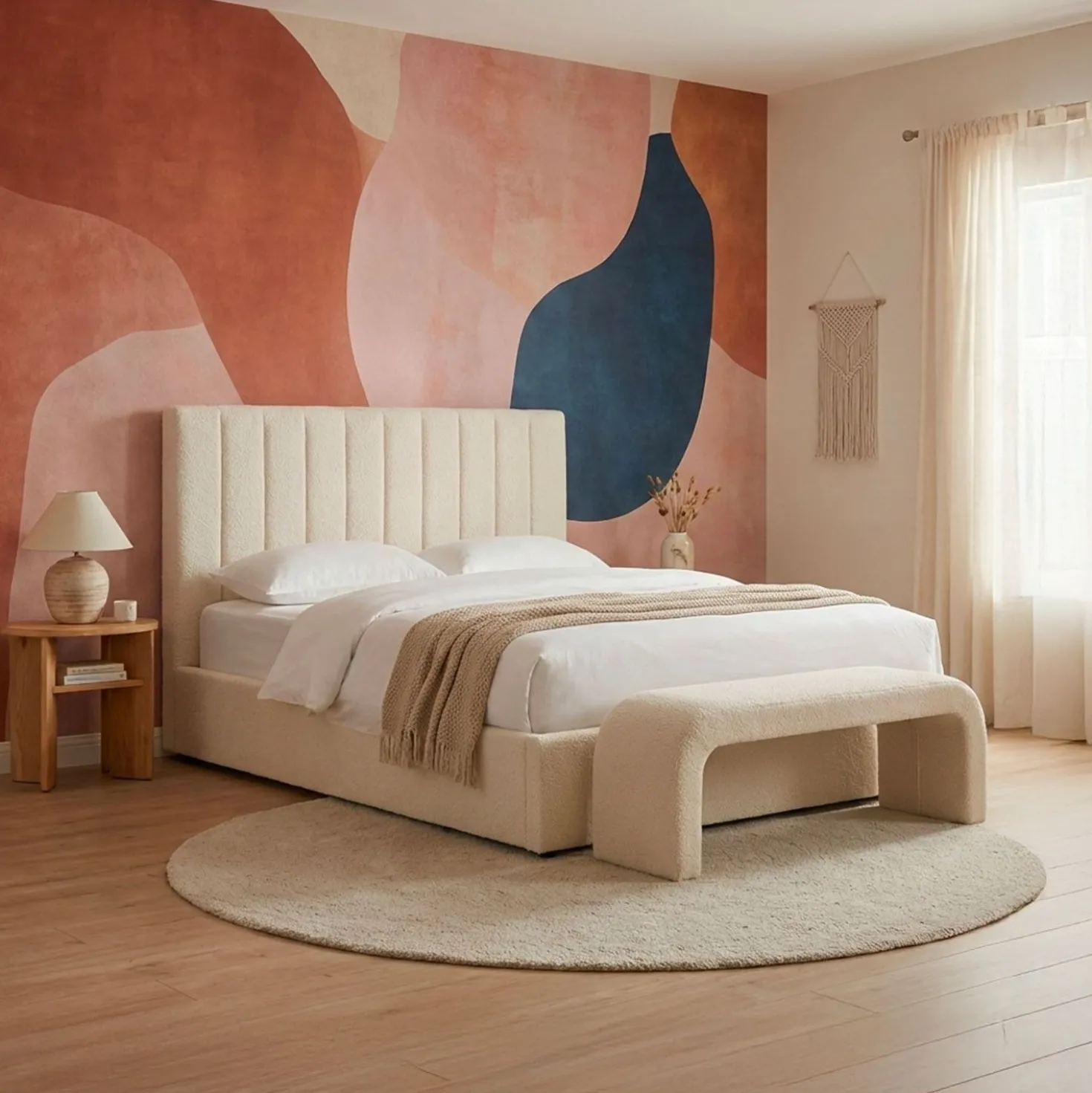 Lit Coffre Songe + Sommier Tissu bouclette Beige 140cm