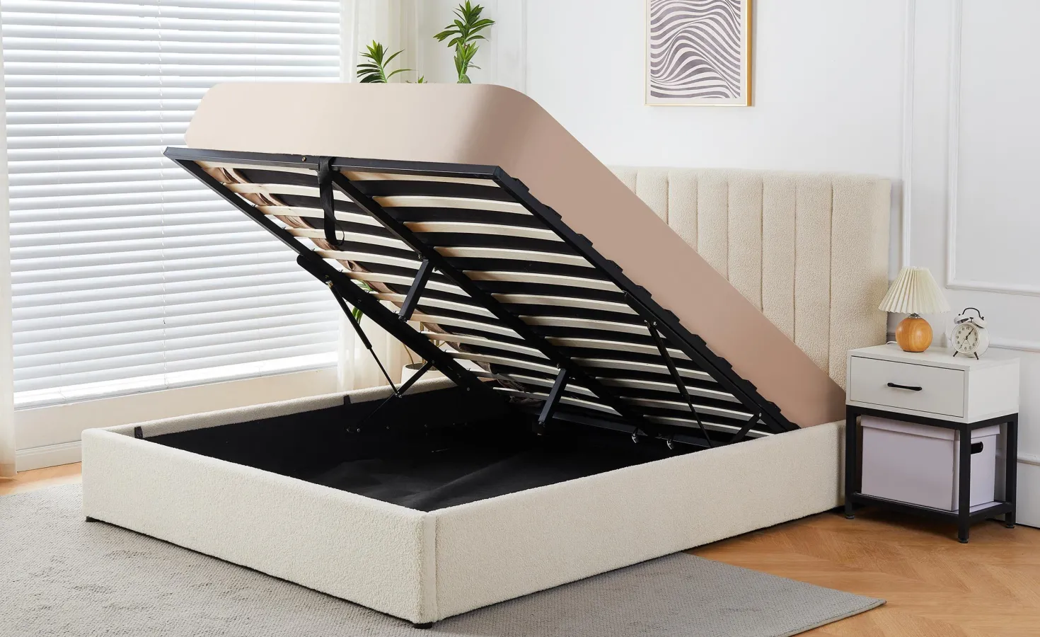 Lit Coffre Songe + Sommier Tissu bouclette Beige 180cm