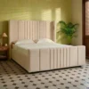 Lit complet avec sommier relevable prises USB et lumières intégrées Line 140x190cm Velours Beige