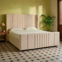 Lit complet avec sommier relevable prises USB et lumières intégrées Line 140x190cm Velours Beige