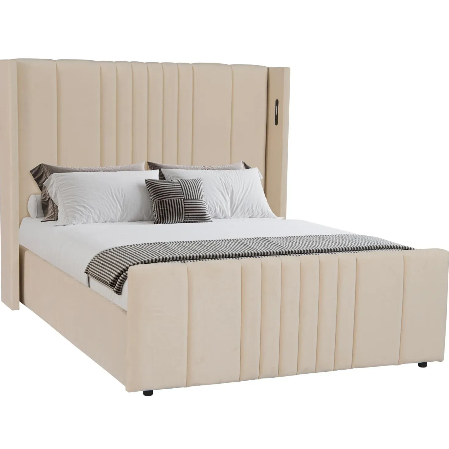 Lit complet avec sommier relevable prises USB et lumières intégrées Line 140x190cm Velours Beige