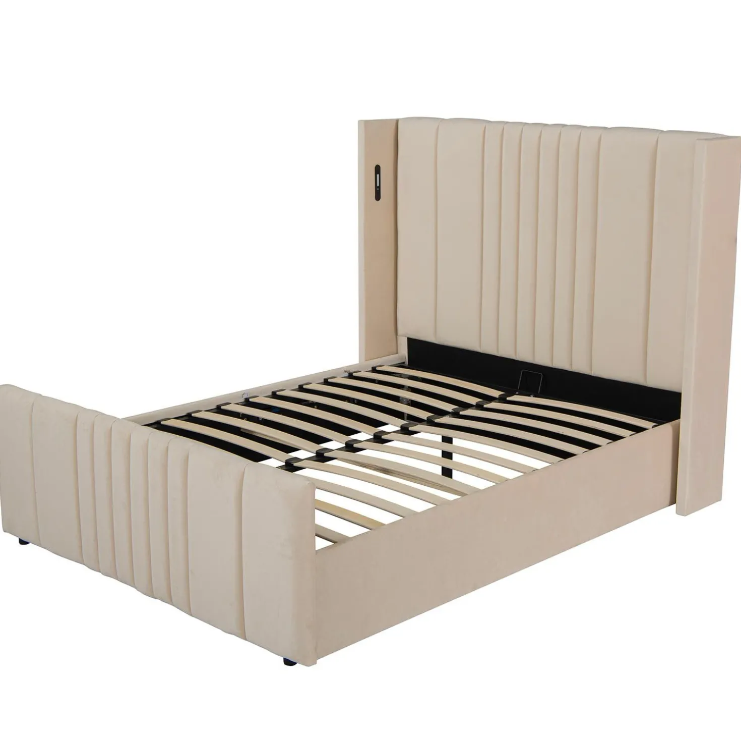 Lit complet avec sommier relevable prises USB et lumières intégrées Line 140x190cm Velours Beige
