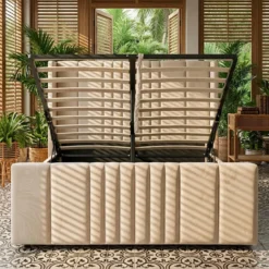 Lit complet avec sommier relevable prises USB et lumières intégrées Line 140x190cm Velours Beige