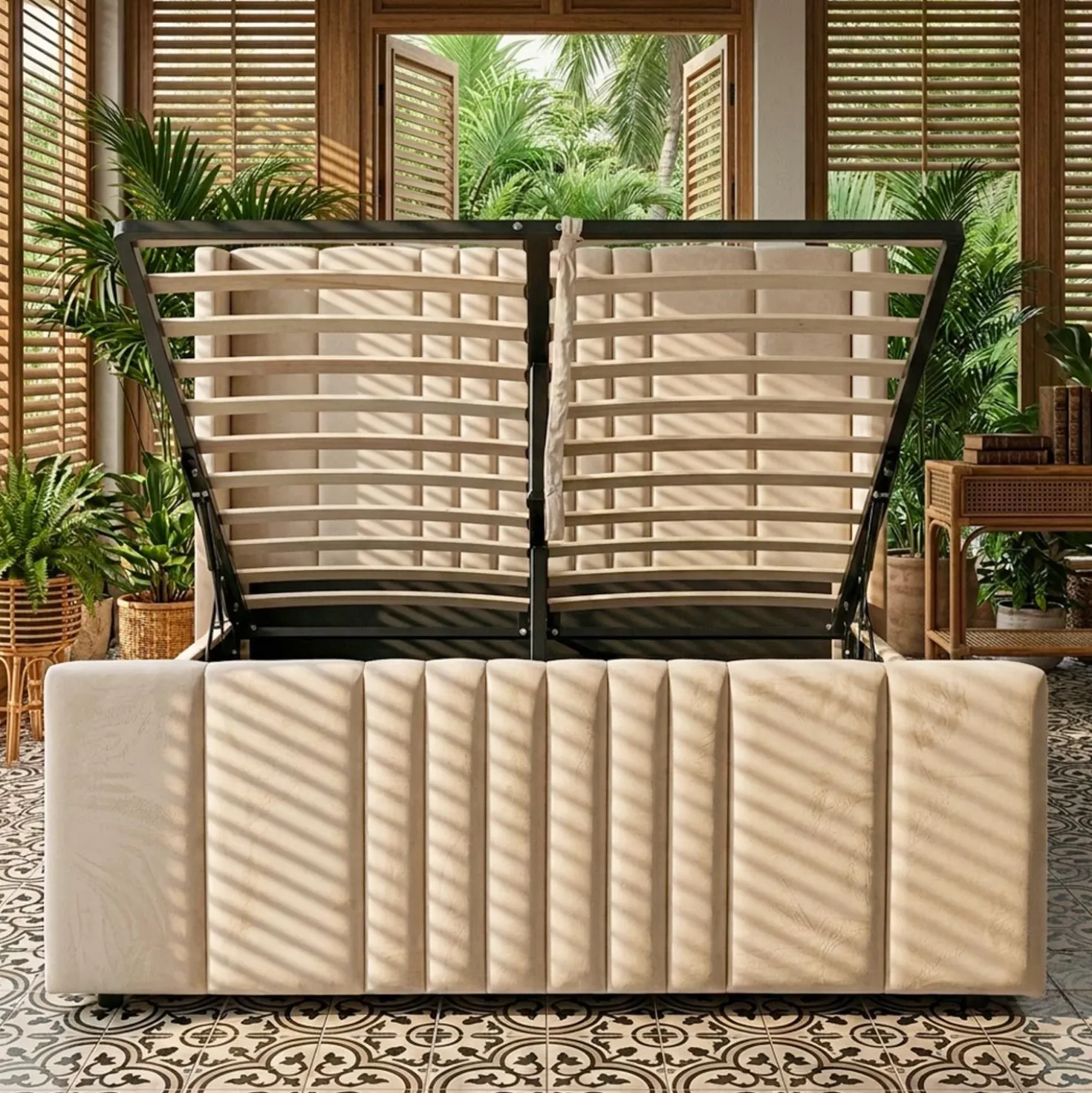 Lit complet avec sommier relevable prises USB et lumières intégrées Line 140x190cm Velours Beige