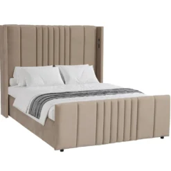 Lit complet avec sommier relevable prises USB et lumières intégrées Line 140x190cm Velours Taupe