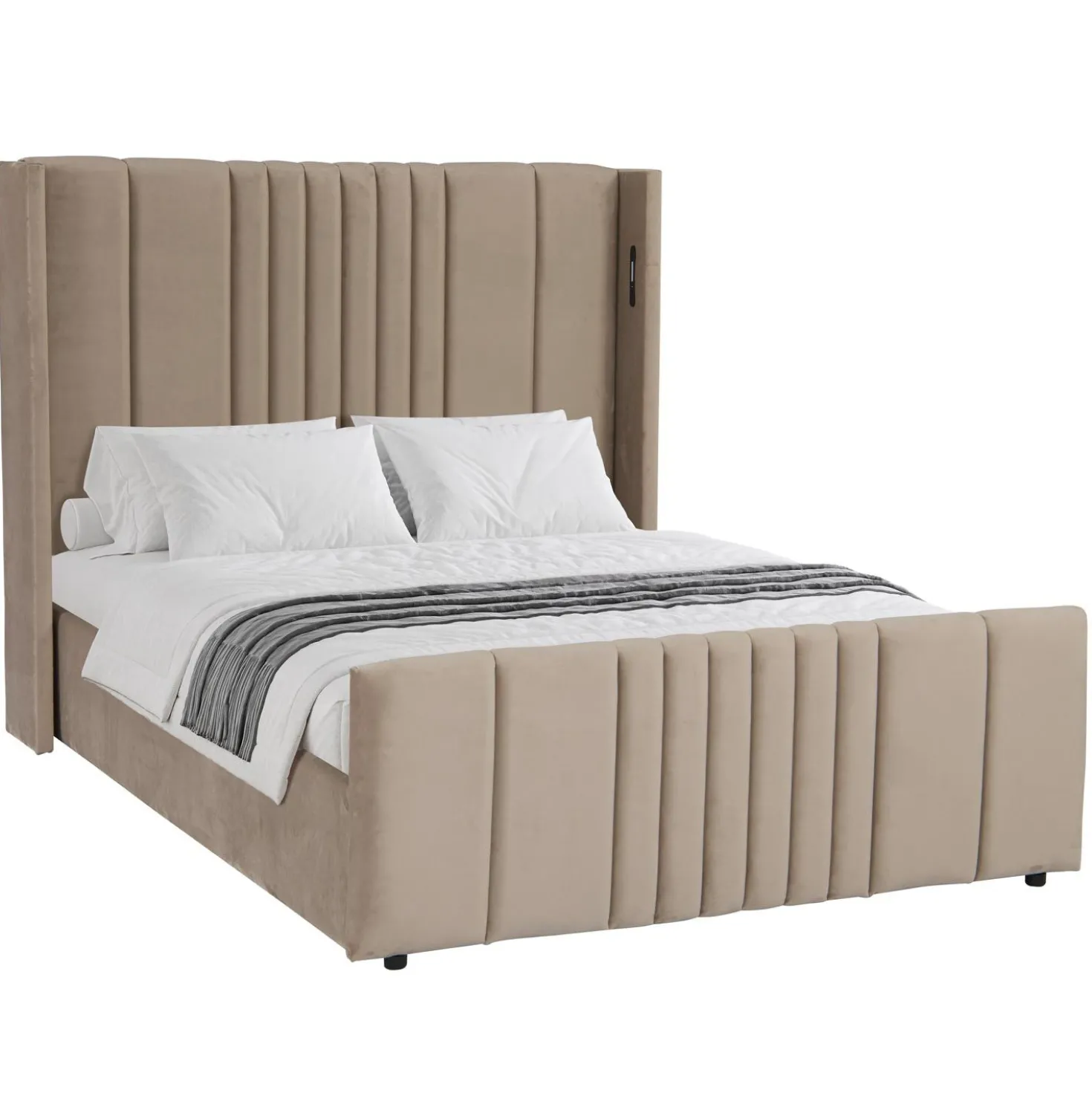 Lit complet avec sommier relevable prises USB et lumières intégrées Line 140x190cm Velours Taupe