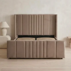 Lit complet avec sommier relevable prises USB et lumières intégrées Line 140x190cm Velours Taupe