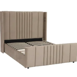 Lit complet avec sommier relevable prises USB et lumières intégrées Line 140x190cm Velours Taupe