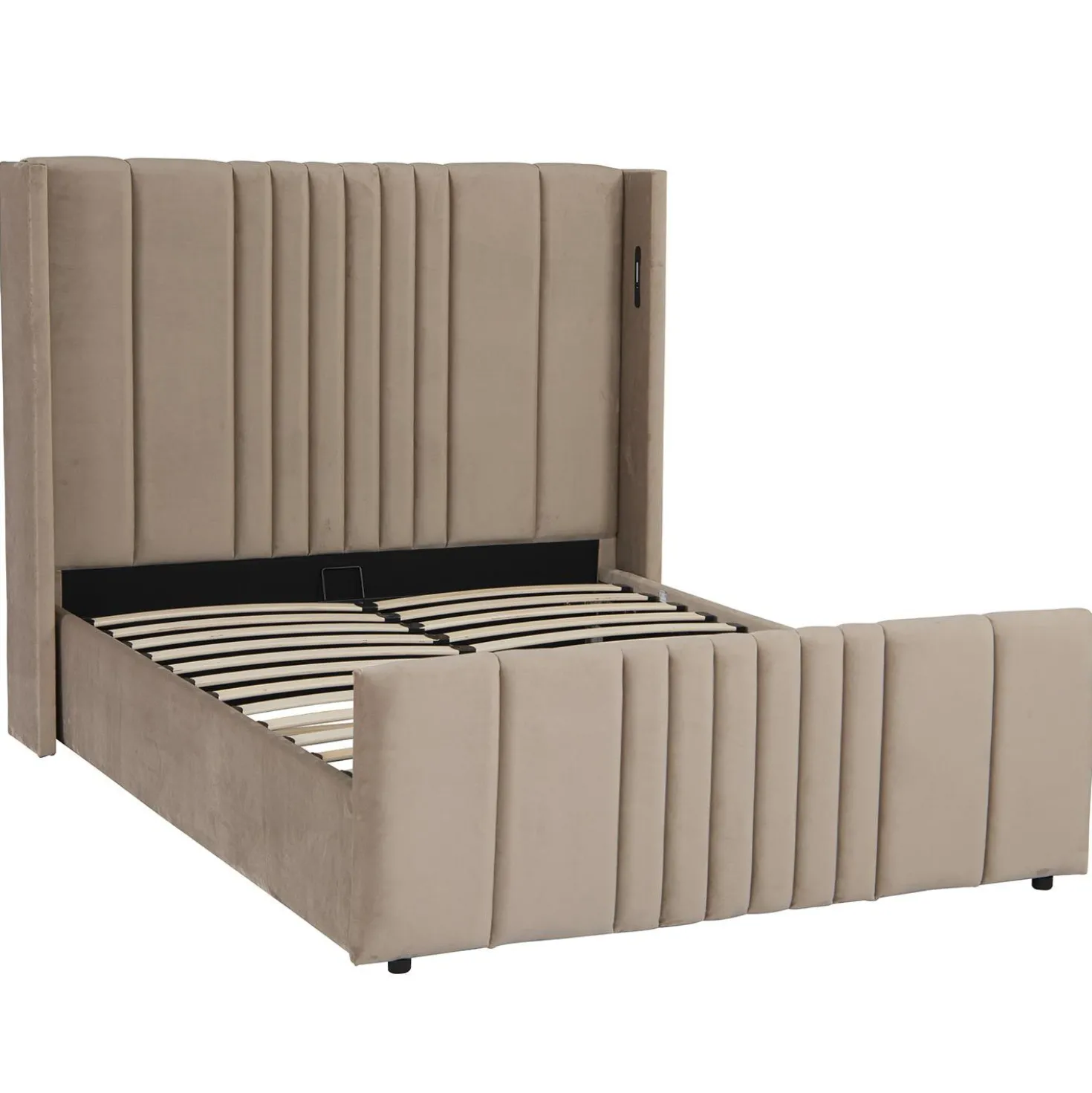 Lit complet avec sommier relevable prises USB et lumières intégrées Line 140x190cm Velours Taupe