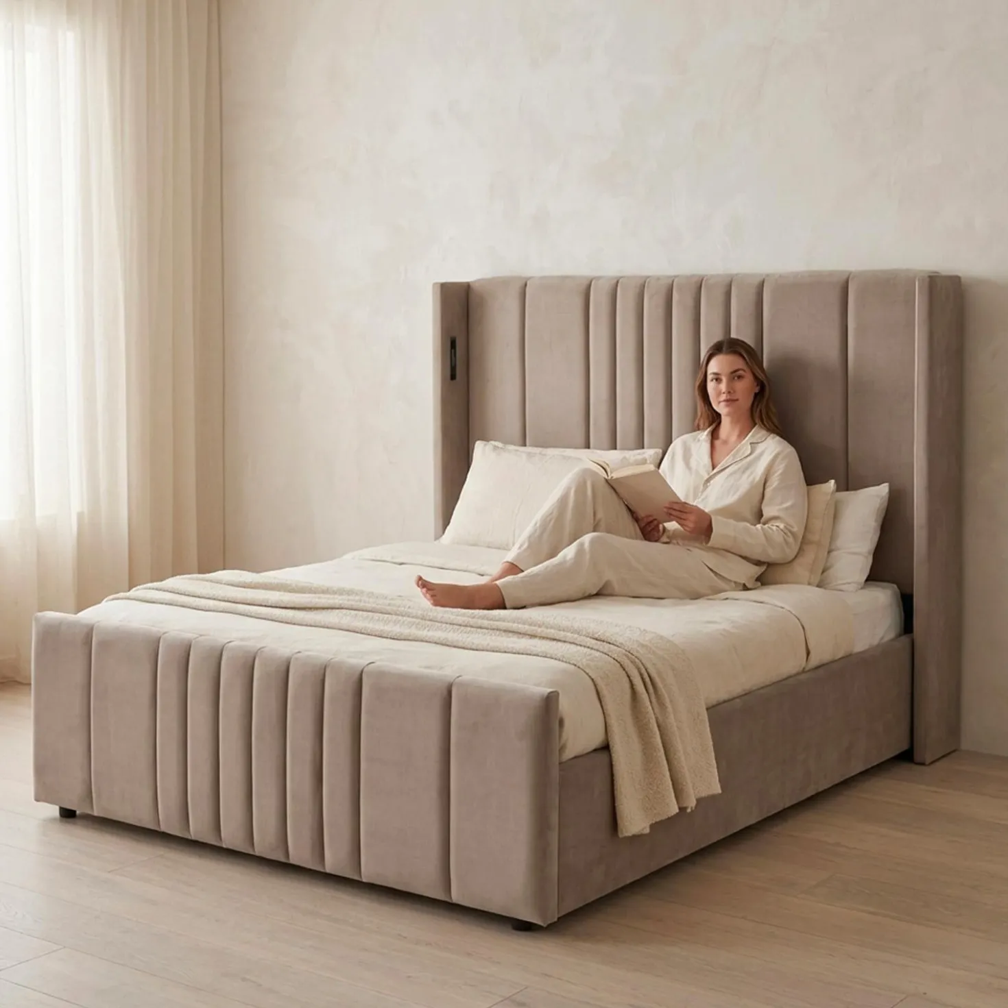 Lit complet avec sommier relevable prises USB et lumières intégrées Line 140x190cm Velours Taupe