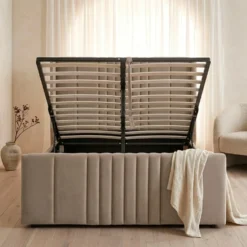 Lit complet avec sommier relevable prises USB et lumières intégrées Line 140x190cm Velours Taupe