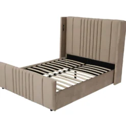 Lit complet avec sommier relevable prises USB et lumières intégrées Line 140x190cm Velours Taupe