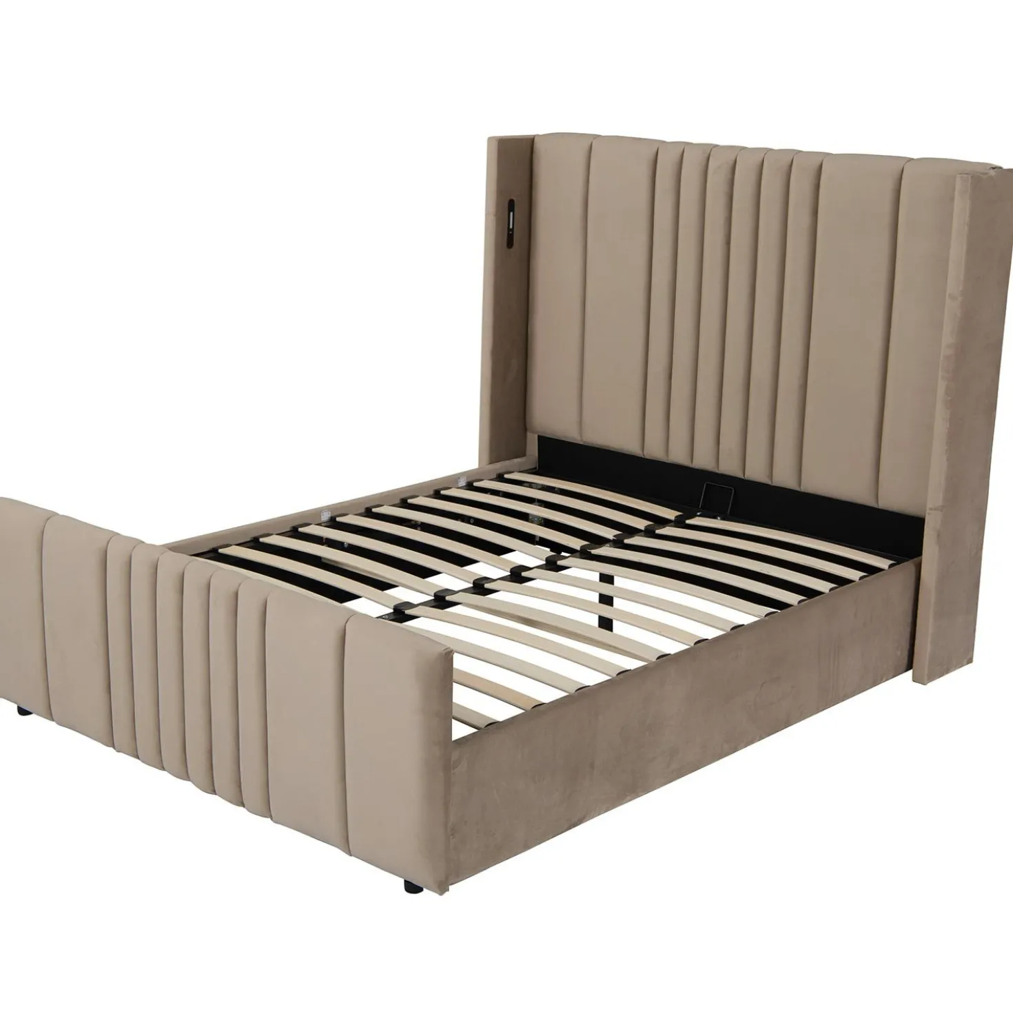 Lit complet avec sommier relevable prises USB et lumières intégrées Line 140x190cm Velours Taupe